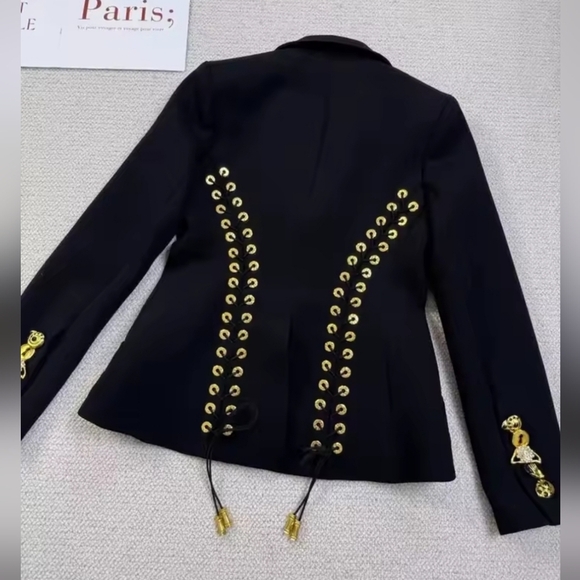 NWT Lace Up Corset Back Black Gold Eclectic Button Rhinestone Luxury Blazer - Picture 1 of 8